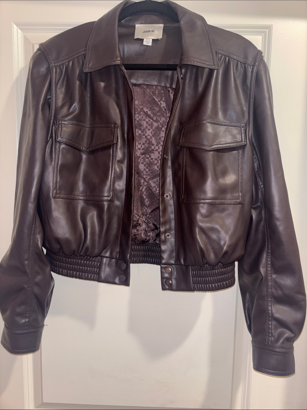 Jason Wu Dark faux Brown Leather Bomber Jacket with Elastic Hem